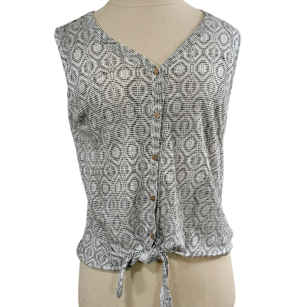 Artisan Ny 100% linen Black White Patterned V-Neck Button Tank Top with Tie